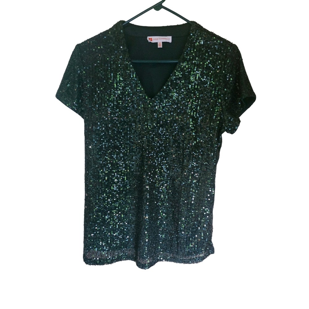 Jude Connally Green Iridescent Sequin V-Neck Top Short Sleeve Date Night Fairy M